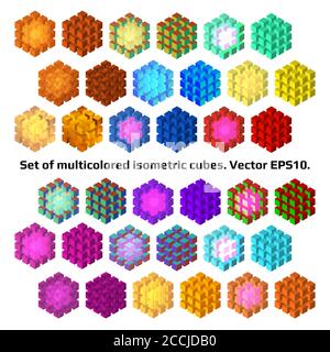 Ensemble de cubes isométriques multicolores provenant de petits cubes séparés isolés sur du blanc. Symboles système décentralisés. Vecteur EPS10. Illustration de Vecteur