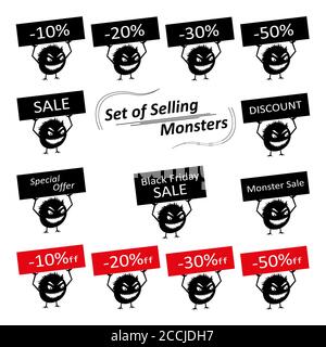 Ensemble de créatures de silhouette mignonnes avec des affiches de réduction pour le magasin. Critères isolés dessinés à la main. Tous les monstres sont regroupés. Illustration de Vecteur