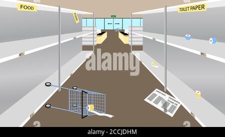 Vider les rayons du supermarché en raison de la panique de Coronavirus. Les gens ont acheté tout le papier toilette et la nourriture. Il n'y a pas de nourriture ou de produits de première nécessité en t Illustration de Vecteur