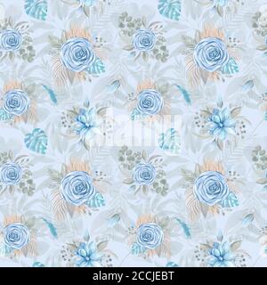 Motif sans couture Aquarelle illustration d'un bouquet de boho de rose bleue et de feuilles tropicales séchées sur fond bleu. Mariage floral flo Banque D'Images