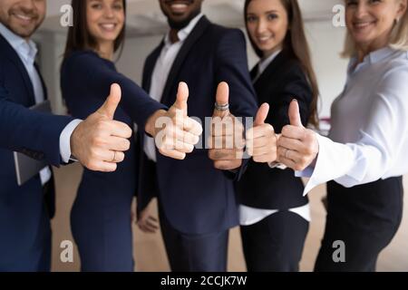 Sourire divers coéquipiers recommandent des biens ou des services de leur entreprise Banque D'Images