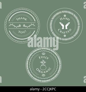 3 jeux d'étiquettes qui disent merci, fait à la main et entièrement biologique Illustration de Vecteur
