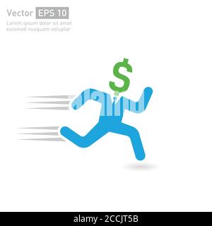 Homme d'affaires a un signe de caractère dollar sur sa tête courir vite. Le concept d'emploi , d'affaires ou d'investissement indique la croissance des changes de dollars Illustration de Vecteur