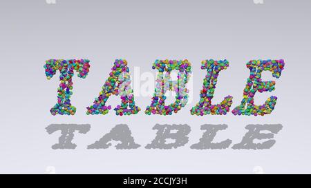 Écriture 3D colorée de TEXTE DE TABLEAU avec de petits objets sur un fond blanc et une ombre correspondante, illustration 3D Banque D'Images