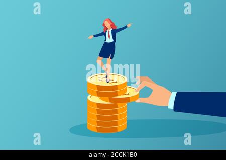 Vecteur d'une main de grand homme d'affaires tirant une pièce hors de la pile avec une femme d'affaires en équilibre sur le dessus de lui Illustration de Vecteur