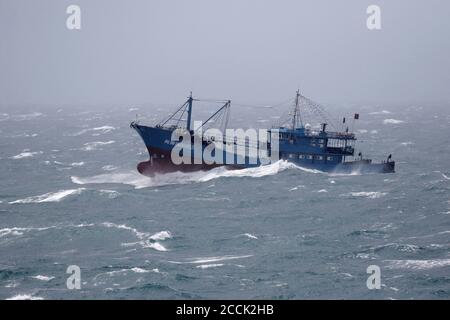 Trawler chinois, mer agitée, détroit de Taïwan, au large de la province de Fujian, Chine 15th septembre 2018 (effets du typhon Mangkhut) Banque D'Images