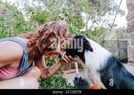 Gros plan d'une femme heureuse jouant avec Border collie dans un légume jardin Banque D'Images