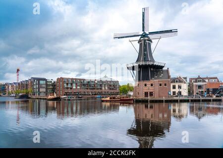 Pays-Bas, pays-Bas du Nord, Haarlem, canal fluvial Spaarne et moulin à vent de Adriaan Banque D'Images