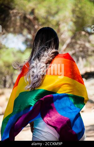 Vue arrière de la femme avec le drapeau de fierté Banque D'Images