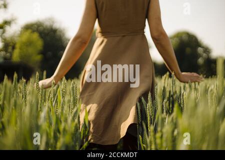 Femme dans un champ de grain dans la campagne touchant les oreilles Banque D'Images