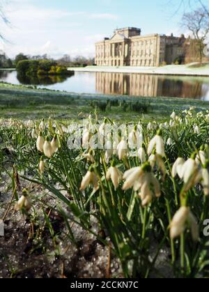 Le givre recouvre le sol dans une ambiance fraîche, car les gouttes de neige laissent entrevoir le changement de saison. Le magnifique manoir surplombe ses jardins romantiques Banque D'Images