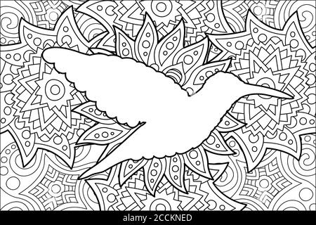 Page de livre de coloriage pour adultes avec silhouette de colibri sur beau arrière-plan Illustration de Vecteur