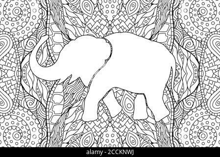 Belle page de livre de coloriage pour adultes avec silhouette d'éléphants sur détaillée arrière-plan Illustration de Vecteur