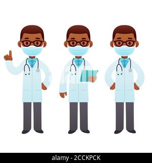 Jeu d'illustrations de dessin animé de médecin noir. Homme Afro-américain médecin en masque debout et pointant. Mignon dessin animé médical personnage vecteur clip art Illustration de Vecteur