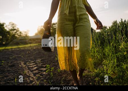 Femme en robe jaune portant des lunettes VR sur un terrain dans la campagne Banque D'Images