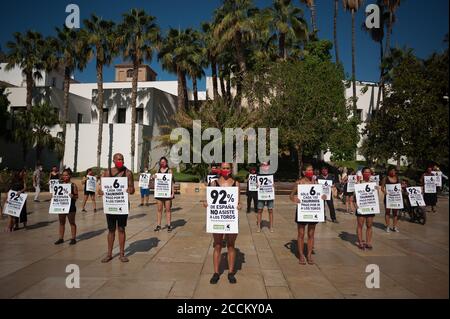 Malaga, Espagne. 23 août 2020. Les activistes portant un masque facial tiennent des pancartes lorsqu'ils prennent part à une manifestation contre la corrida à Malaga.les militants en faveur des droits des animaux organisés par AnimaNaturalis et cas International (Comité anti Stierenvechten) ont protesté pour exiger la fin de la corrida en Espagne. Crédit : SOPA Images Limited/Alamy Live News Banque D'Images