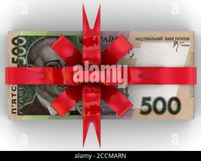 De l'argent en cadeau. Billets ukrainiens de 500 hryvnia liés par un ruban rouge. Illustration 3D Banque D'Images