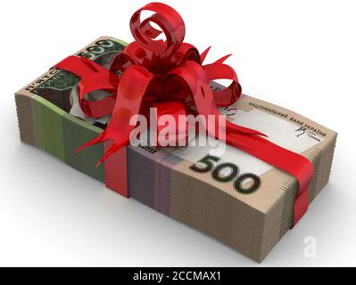 De l'argent en cadeau. Billets ukrainiens de 500 hryvnia liés par un ruban rouge. Illustration 3D Banque D'Images