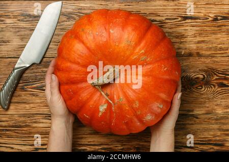 Femme tenant une grande citrouille biologique entière. Légumes sains et savoureux. Récolte du jardin. Symbole de Thanksgiving et Halloween. Foc sélectif Banque D'Images