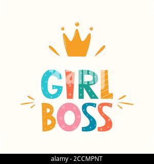 Boss fille, lettres avec symbole couronne. Logo, icône, étiquette pour votre conception. Texte « Woman Motivational ». Lettrage vectoriel dessiné à la main pour sac, autocollant, t- Illustration de Vecteur