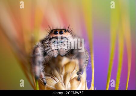 L'araignée sauteuse femelle (Phidippus regius) rampant sur l'orge. Couleurs chaudes automnales, macro, détails nets. De beaux yeux immenses regardent la caméra. Banque D'Images