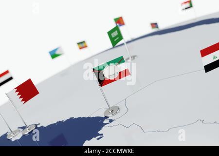 Coronavirus médical masque chirurgical sur le drapeau national koweïtien. Maladie, pandémie, virus covid-19 au Koweït, concept 3d rendu illustration Banque D'Images
