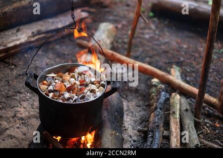 Cuisiner dans une casserole sur le feu pendant la randonnée. Banque D'Images