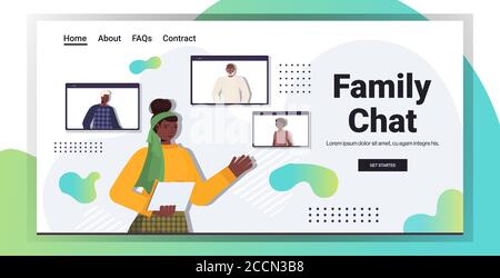 femme afro-américaine ayant une réunion virtuelle avec les membres de la famille dans navigateur web fenêtres appel vidéo communication en ligne concept horizontal copie illustration vectorielle portrait d'espace Illustration de Vecteur