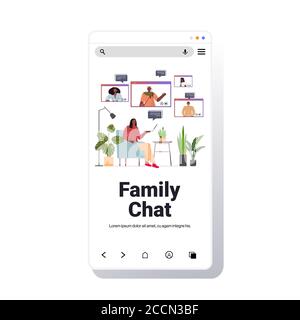 femme afro-américaine ayant une réunion virtuelle avec les membres de la famille dans navigateur web fenêtres appel vidéo communication en ligne concept écran de smartphone copier l'illustration du vecteur d'espace Illustration de Vecteur