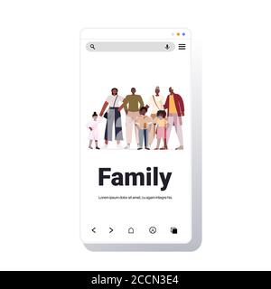 famille afro-américaine de plusieurs générations heureux grands-parents parents et enfants illustration vectorielle de l'espace de copie de l'écran complet du smartphone debout Illustration de Vecteur
