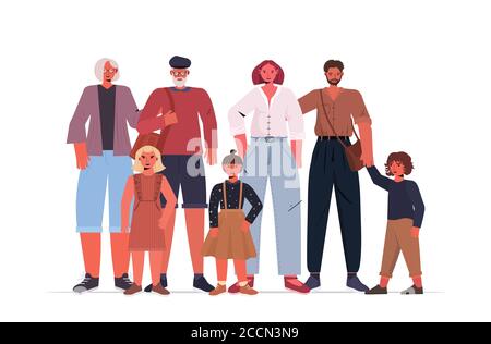 famille de plusieurs générations heureux grands-parents parents et enfants debout ensemble illustration vectorielle horizontale pleine longueur Illustration de Vecteur