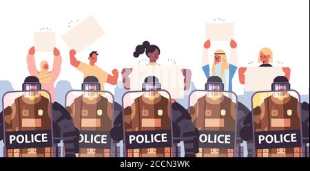 les policiers en équipement tactique complet font des émeutes aux policiers qui contrôlent le mix faites la course aux manifestants de la rue avec des pancartes pendant le concept de manifestation d'affrontements illustration vectorielle horizontale portrait Illustration de Vecteur