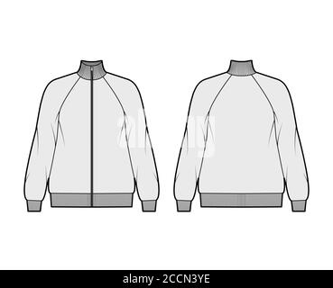 Grand sweat-shirt à manches longues et fermeture à glissière, illustration technique de la mode avec des bordures en jersey de coton, raglan et côtelées. Uniforme extérieur pull vêtement modèle avant dos couleur grise. Femme, homme unisex top CAD Illustration de Vecteur