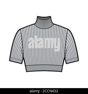 Pull court en maille côtelée à col roulé illustration technique de la mode avec manches courtes, coupe ajustée. Pull sans pinces modèle de vêtement avant de couleur grise. Femmes hommes unisexe haut CAD maquette Illustration de Vecteur