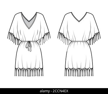 Robe caftan à franges illustration technique de la mode avec col en V profond, fronces avec ceinture, manches de coude de batwing, longueur au-dessus du genou, surdimensionné. Modèle plat avant arrière couleur blanche. Haut femme homme Illustration de Vecteur