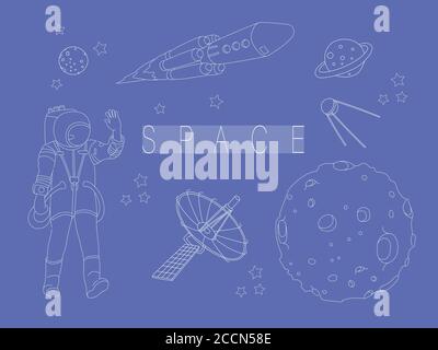 Espace de concept ensemble de vecteurs. Astronaute, fusée spatiale, planète, satellite, étoiles. Illustration de Vecteur