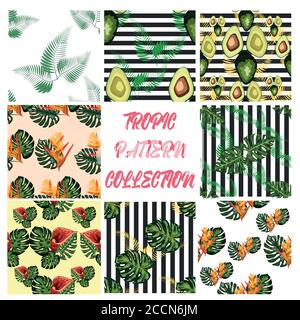 motif sans couture de fleurs tropicales feuilles vertes de palmiers et fleurs oiseau de paradis, hibiscus, avocat, Illustration de Vecteur