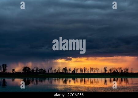 Approche des orages au-dessus des zones humides, au coucher du soleil, été, WI, Etats-Unis, par Dominique Braud/Dembinsky photo Assoc Banque D'Images