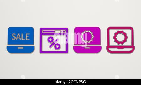 Solde en ligne ensemble de 4 icônes, illustration 3D Banque D'Images