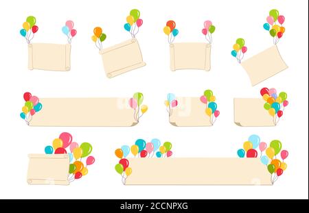 Ensemble de ballons colorés des fêtes. Fête d'anniversaire affiche éléments de conception, ballons d'hélium d'air, gonflable. Modèle de bannières de vœux surprise célébration ou festival. Illustration vectorielle isolée Illustration de Vecteur