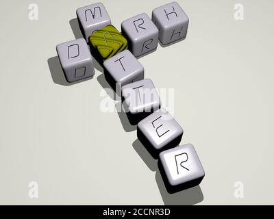 Mots croisés de matière sombre par des lettres de dés cubes, illustration 3D Banque D'Images