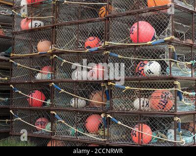 Des marmites de pêche au crabe royal sont entreposées au quai de Dutch Harbour, dans la communauté d'Unalaska, en Alaska. Banque D'Images