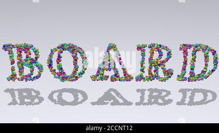 Écriture 3D colorée de TEXTE DE CARTE avec de petits objets sur un fond blanc et une ombre correspondante, illustration 3D Banque D'Images
