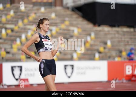 (200824) -- STOCKHOLM, le 24 août 2020 (Xinhua) -- Yaroslava Mahuchikh d'Ukraine est en compétition lors du saut en hauteur des femmes à la réunion d'athlétisme de la Diamond League 2020 à Stockholm, Suède, le 23 août 2020. (Chris Cooper/Pool via Xinhua) Banque D'Images