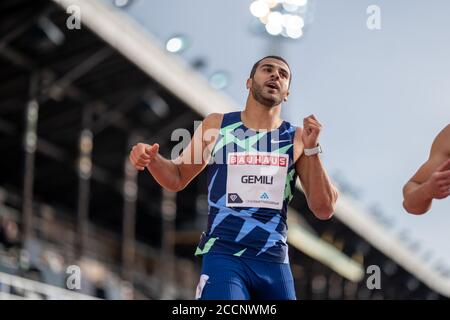 (200824) -- STOCKHOLM, le 24 août 2020 (Xinhua) -- Adam Gemili de Grande-Bretagne s'affronte pendant le 200m masculin lors de la réunion d'athlétisme de la Diamond League 2020 à Stockholm, Suède, le 23 août 2020. (Chris Cooper/Pool via Xinhua) Banque D'Images