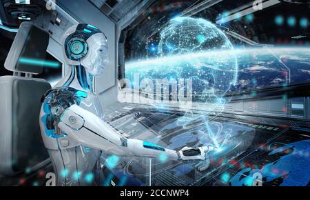 Robot cyborg dans une salle de contrôle volant un blanc moderne Vaisseau spatial avec vue sur l'espace et hologramme numérique de la Terre Rendu 3D Banque D'Images