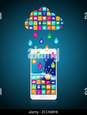 Applications mobiles : applications sous forme de DROPs téléchargés et installés sur un smartphone à partir du cloud Illustration de Vecteur