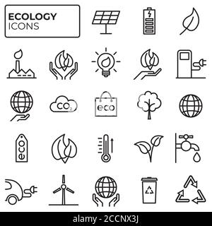 Jeu d'icônes écologiques. Protection de l'environnement. Énergies renouvelables alternatives. Réchauffement de la planète. Décarbonation. Collection de panneaux linéaires écologiques. Vecteur sy Illustration de Vecteur