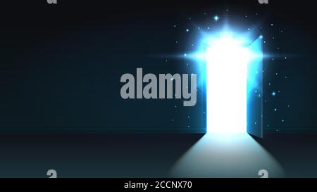 Lumière de la porte ouverte d'une pièce sombre, sortie mystique abstraite, fond, modèle de porte ouverte, maquette Illustration de Vecteur