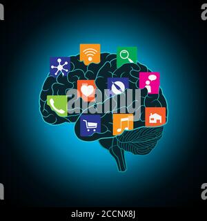 Applications mobiles installées dans le cerveau, remplaçant l'esprit, la conscience. Changement, mode de pensée de remplacement, contrôle mental Illustration de Vecteur